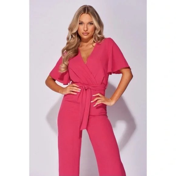 Pink Short Sleeve V-Neck Loose Fit Wide Leg Jumpsuit Playsuit - Picture 7 of 13